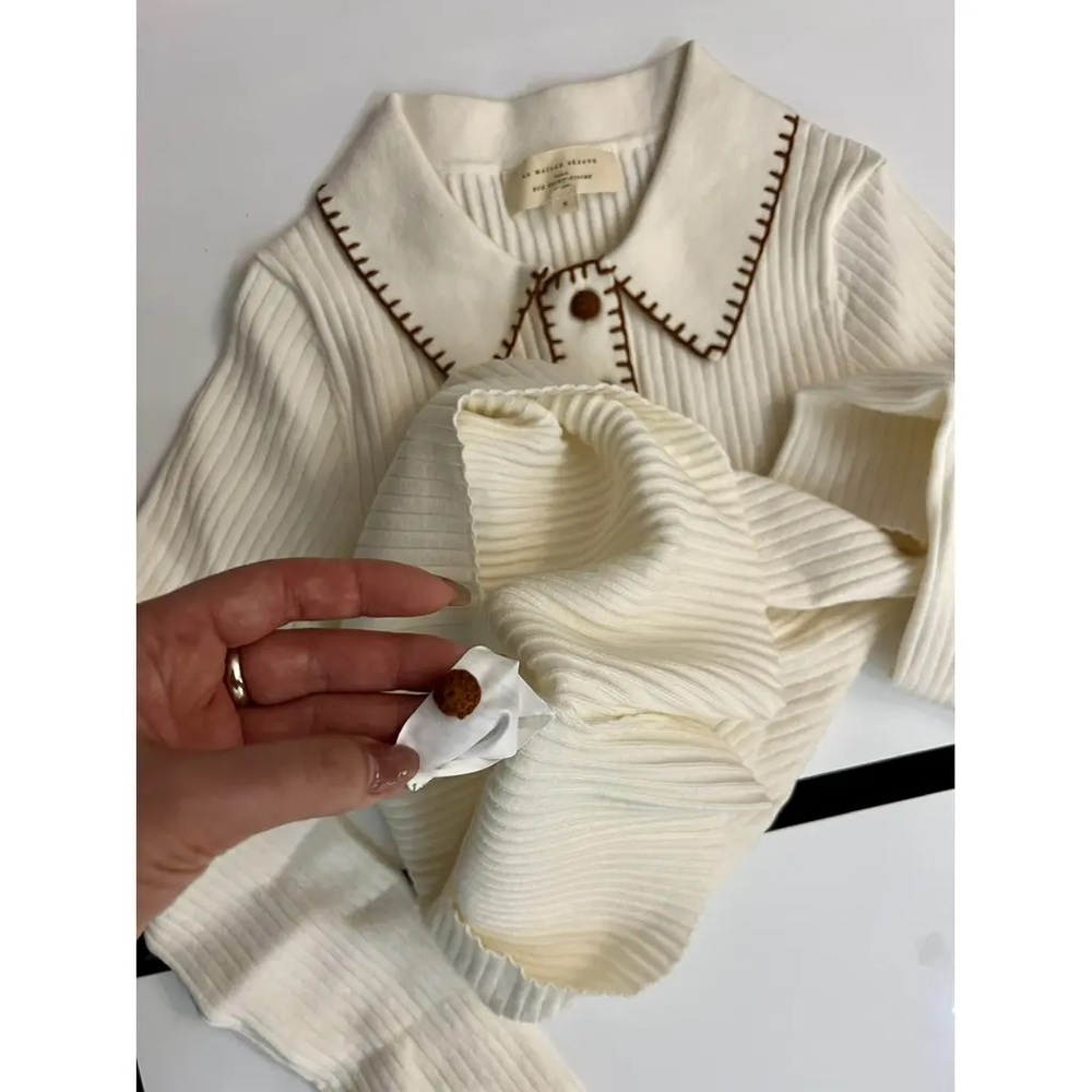 Sezane Armelle Wool jumper Cream Sweater with Brown Accents